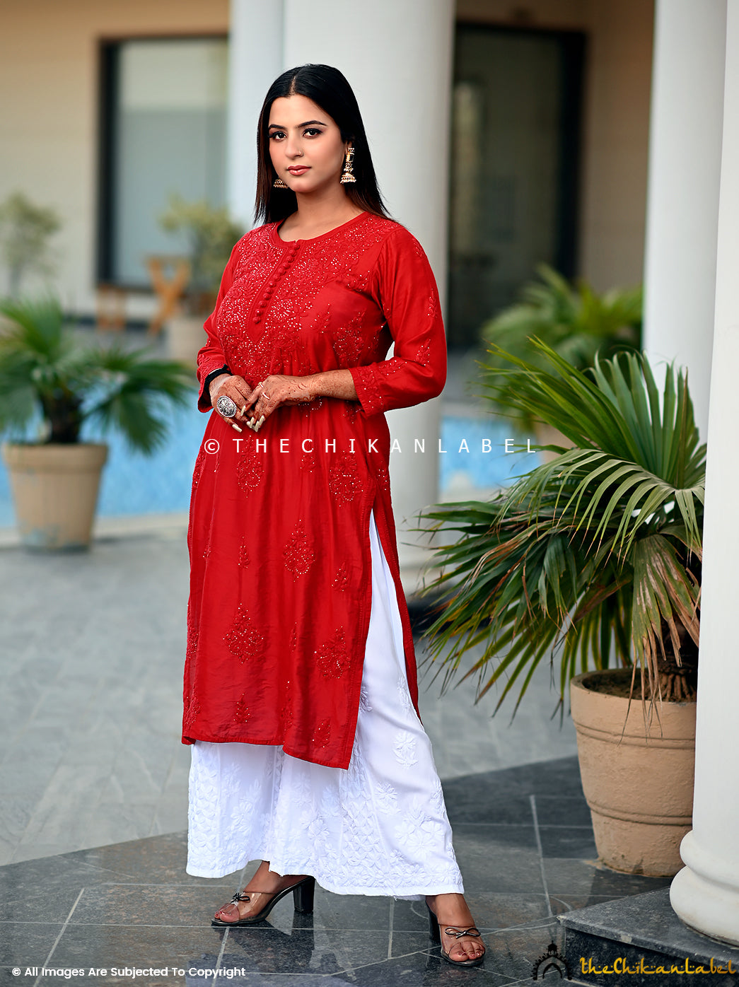 Lucknow Chikan Emporium Soft Cotton Red Angrakha Chikankari Kurti